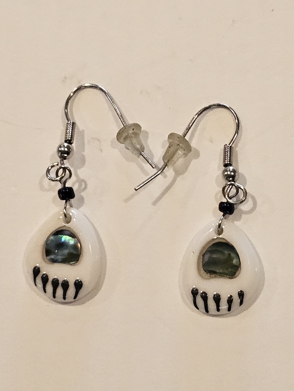 Handmade White Teardrop Glass Earrings with Abalone Accent